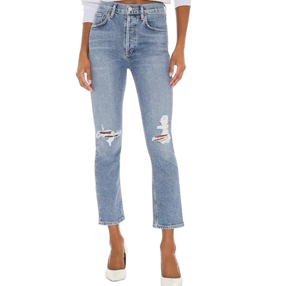 AGOLDE Riley High Rise Distressed Straight Crop Denim Jeans Button-Fly - Sz 28